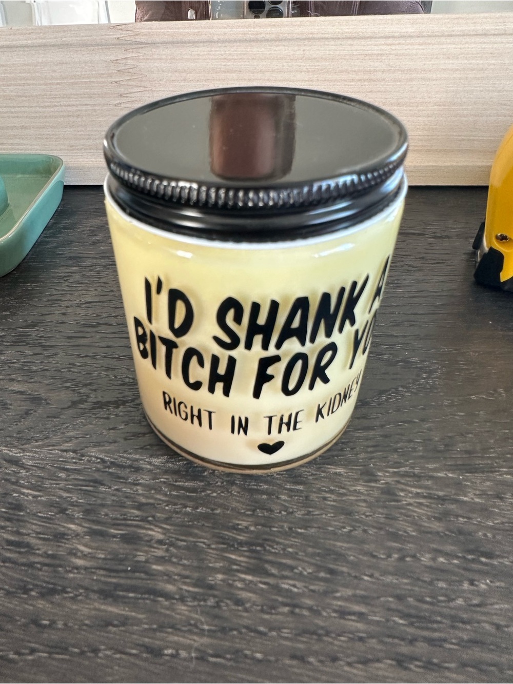 Yellow Ceramic Jar Candle with Black Lid and Slogan